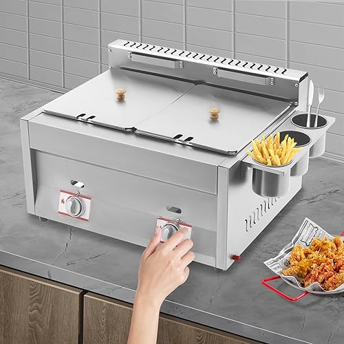 Miniatura 5 de Freidora de gas de doble tanque con termómetro  Freidora de propano con 2 cestas de acero inoxidable y tapas  Gran capacidad del tanque de aceite