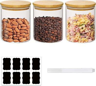 3 Pack Glass Storage Jars with Bamboo Lid, Airtight Food Storage Jar with Labels, Round Clear Container for Candy, Cookie, Coffee Beans, Snacks, Spices 750ML