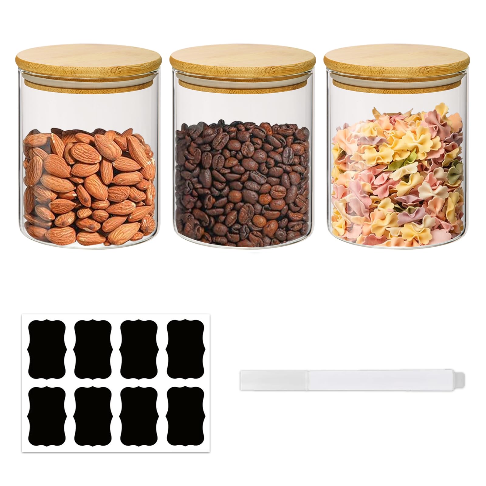 ZhouZGlass 3 Pack Glass Storage Jars with Bamboo Lid, Airtight Food Storage Jar with Labels, Round Clear Container for Candy, Cookie, Coffee Beans, Snacks, Spices (750ML)