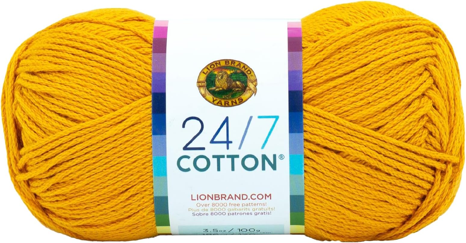 24/7 Cotton Mercerized Lightweight Yarn for Knitting, Crochet, and Crafts, Goldenrod, 1 Pack, 185 Yards of Natural Fiber for Breathable Tops, Durable Bags, and Easy-Care Dish Cloths