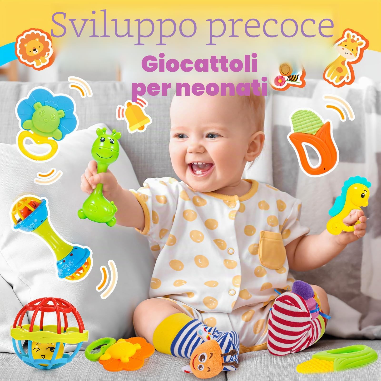Sonaglio Neonato 0-12 Mesi, Giochi Neonato 0-3-6-9-12 Mesi Giochi Dentizione babe Giochi 0-12 Mesi Regalo Bambini Montessori Giocattoli 0-6-12 Mesi Giochi Sensoriali per Neonati