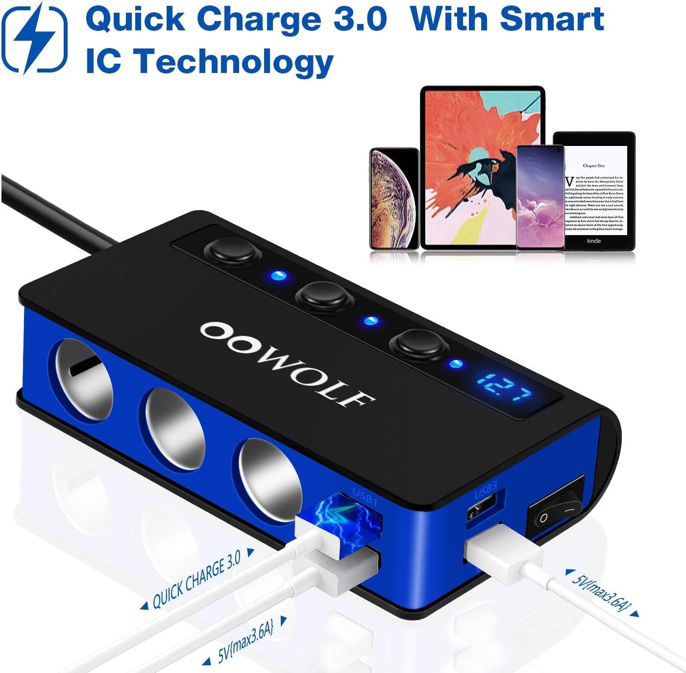 OOWOLF Car Charger Adapter with multiple devices connected to its USB ports, illustrating Quick Charge 3.0 technology.