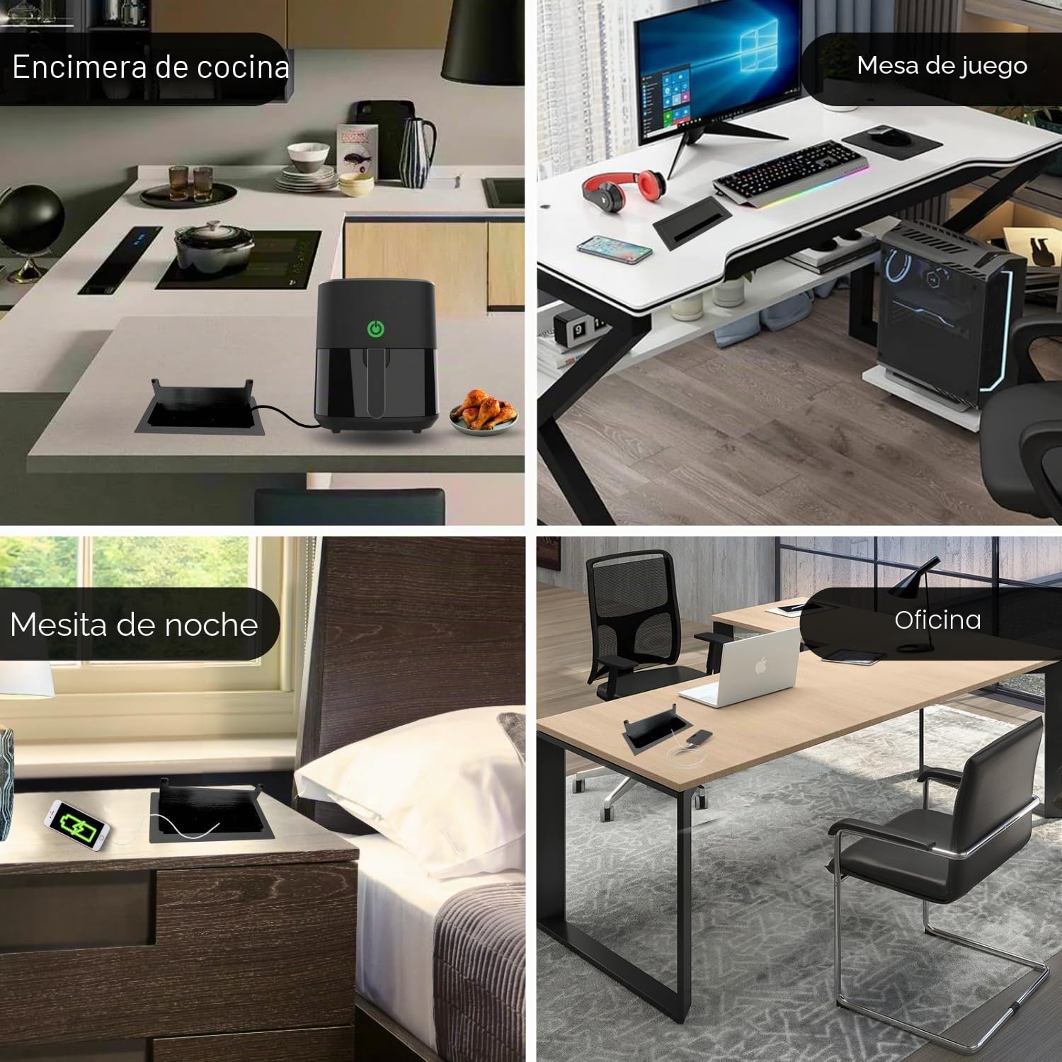 Regleta retráctil con 2 tomas Schuko + USB A+C de 10 W, HDMI, RJ45, cierre amortiguado, ideal para escritorios, cocinas y encimeras de trabajo de 3600 W, cable de 1,5 m, orificio de 253 x 117 mm