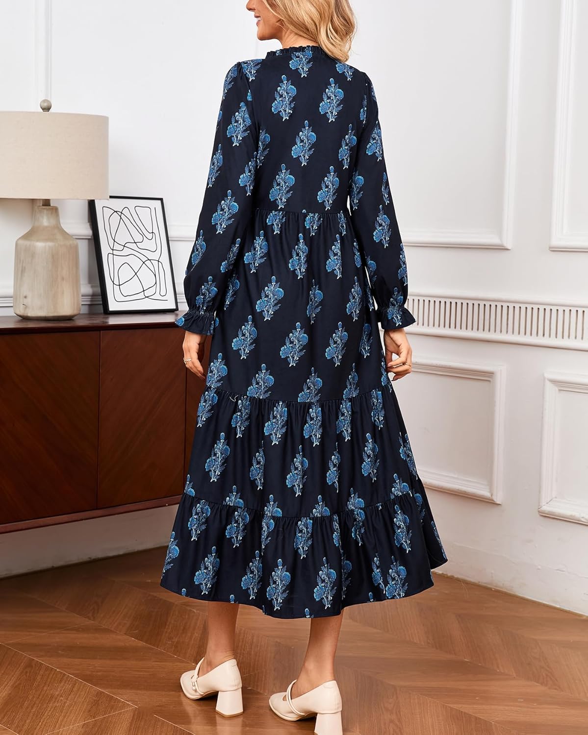 Women’s Corduroy Midi Dress Fall Winter Long Sleeve Ruffle V Neck Button Down Flowy Tiered Shirt Dresses with Pockets - Image 2