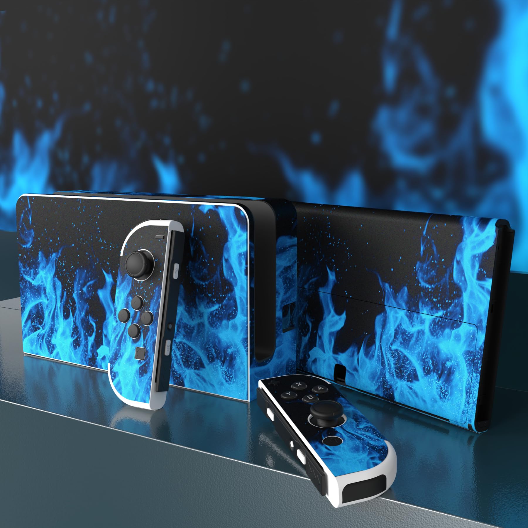 playvital Protective Skin Sticker for Nintendo Switch OLED, Decal Sticker Vinyl Compatible with Joycon&Console & Dock & Grip, Blue Flame - 4