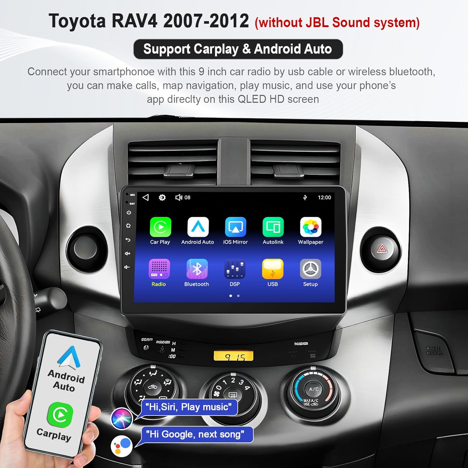 New Upgrade Car Radio for Toyota RAV4 2007-2012 Without JBL Sound System,9 Inch RAV4 Touchscreen Support Wireless Carplay&Android Auto, Bluetooth & Voice Control, Mirror Link, FM Radio