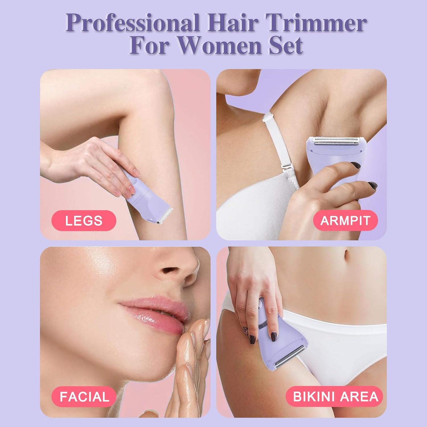 3-in-1 Bikini Trimmer for Women, IPX7 Waterproof Electric Shaver for Women-Rechargeable Electric Razors for Pubic, Facial & Body Hair Trimmer with LED Display, Travel Kit & Painless Blades (Purple) - Image 7