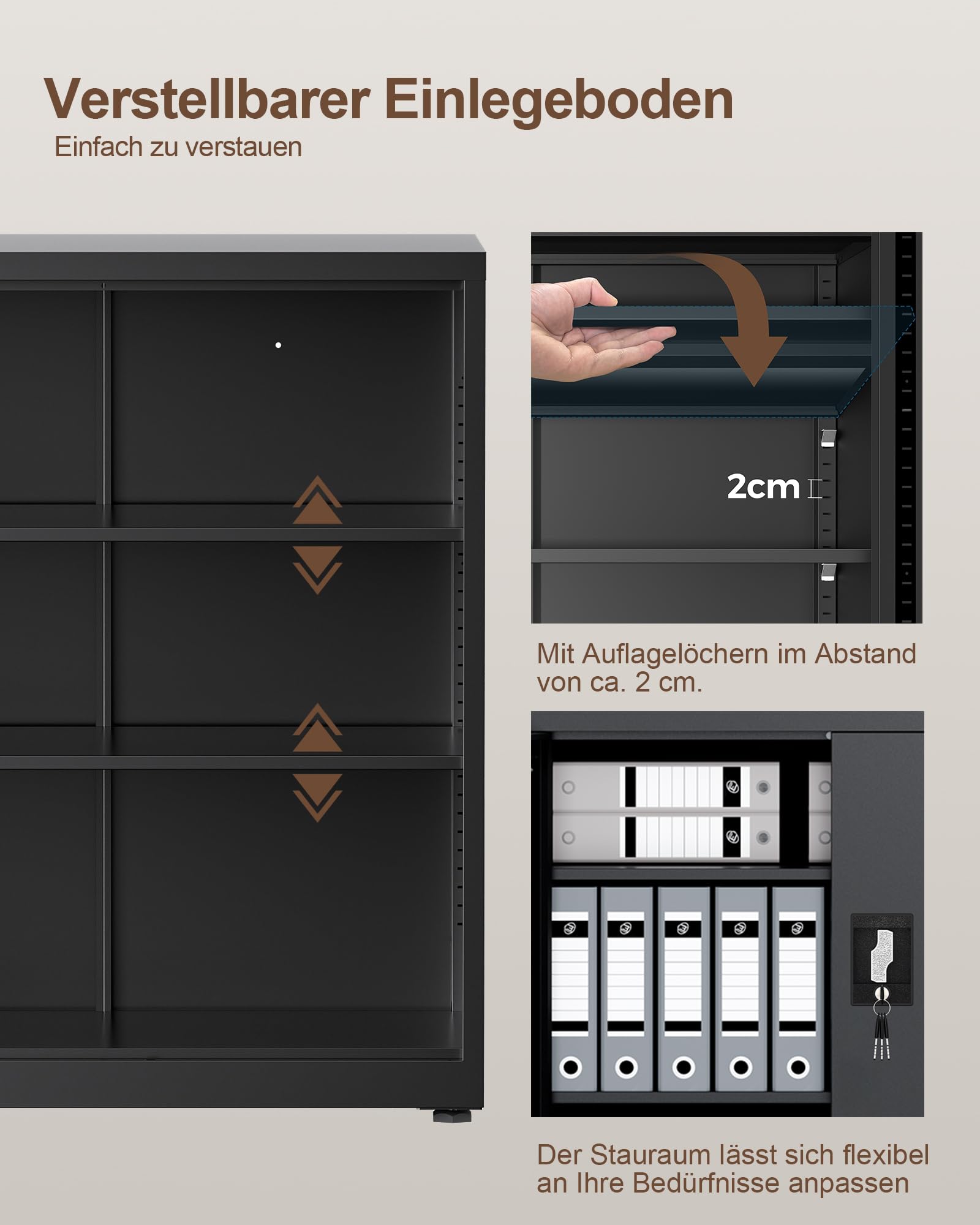 LAND·VOI Stahlschrank 3 Ebenen mit Schloss verstellbare Einlegeböden Doppeltüren Aktenschrank Werkzeugschrank für Büro Garage Haushalt Werkstatt 80x40x91.5 cm Schwarz