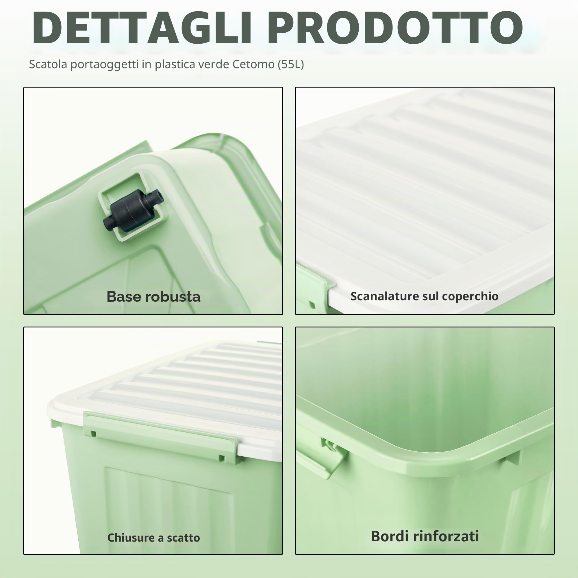 Cetomo 55L*4 Scatole di Stoccaggio con Coperchi, Contenitori in Plastica con Ruote, Clip On, Impilabili, Incastonabili, Organizzatore a Righe per Casa Ufficio, Verde, 55L-4 Pezzi