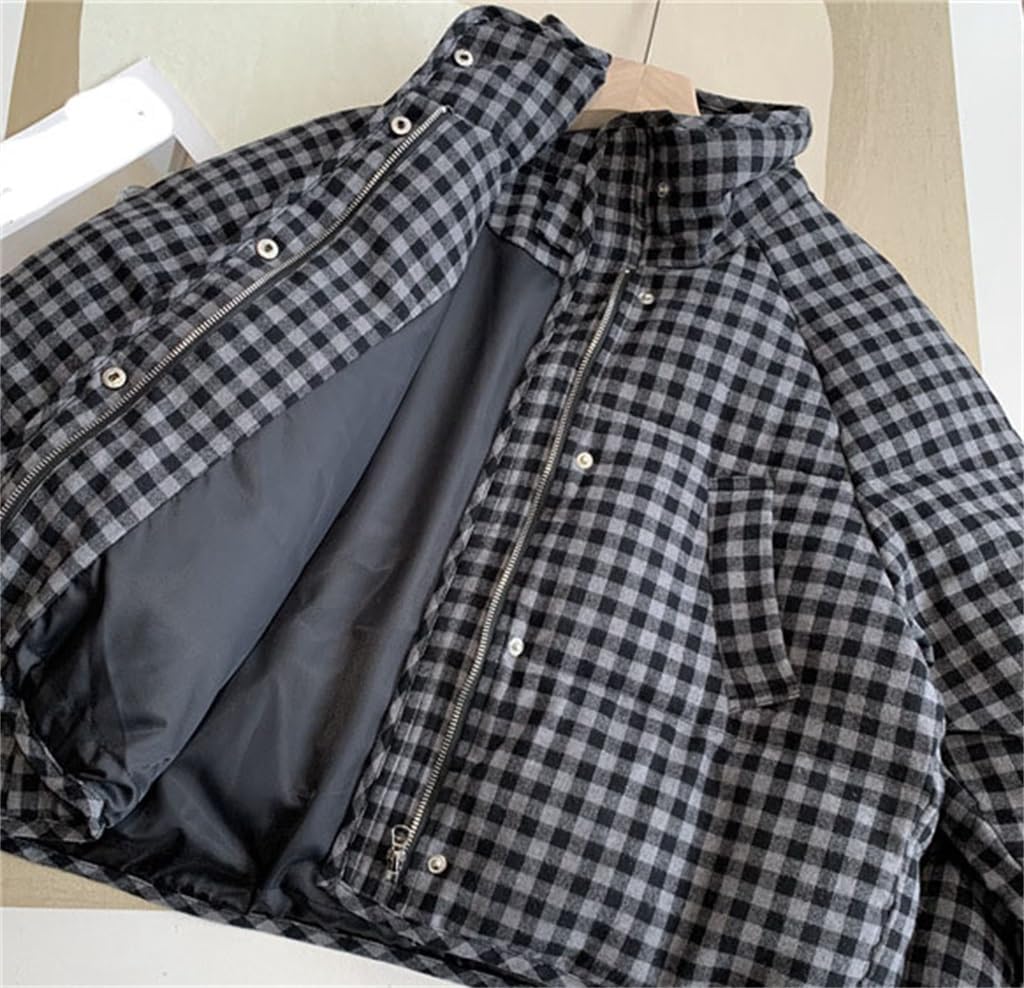 Retro A-line Plaid Short Down Jacket Women Thickened Stand-up Collar Bread Clothing Winter