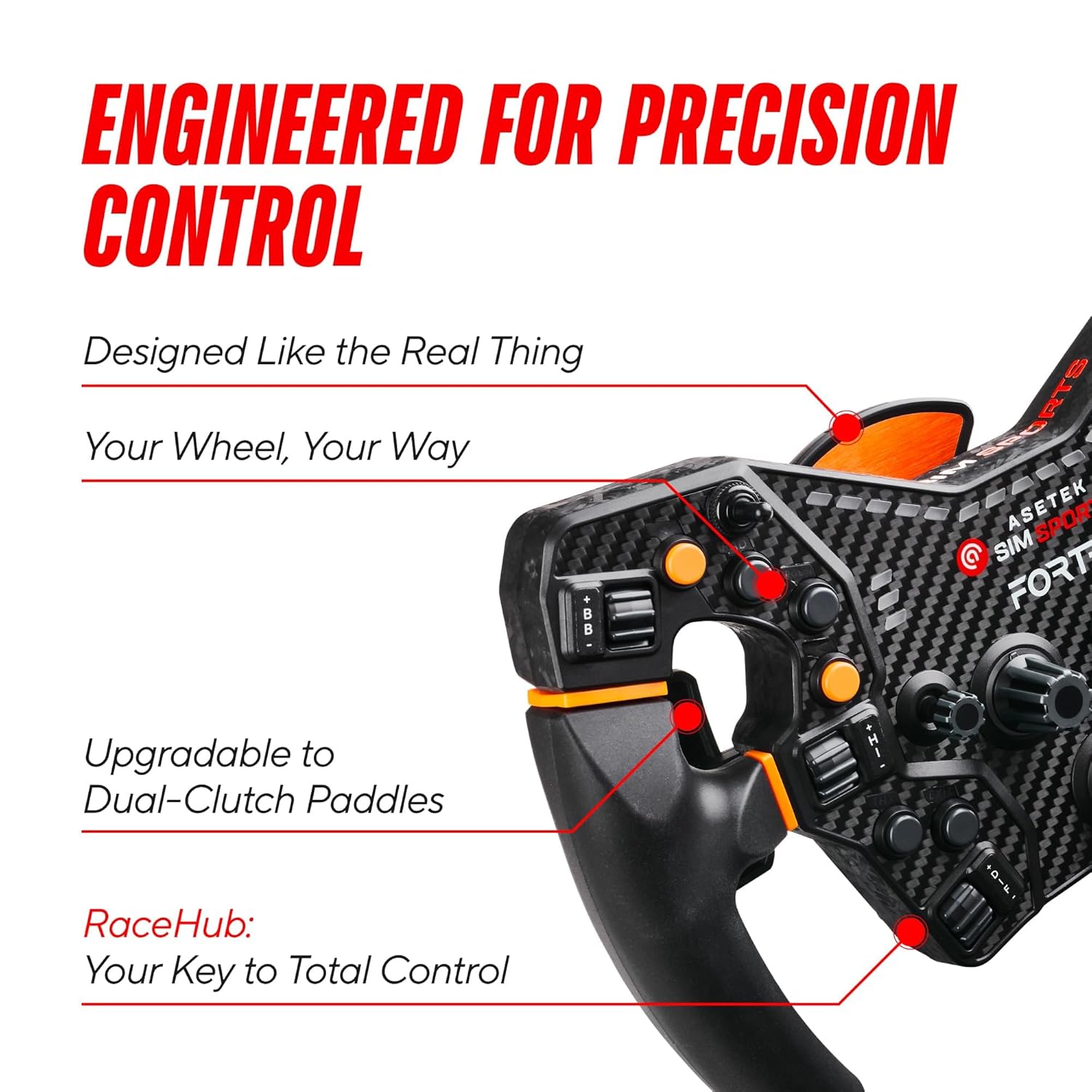 Збоку view of the ASETEK Forte Formula steering wheel, highlighting the paddle shifters.