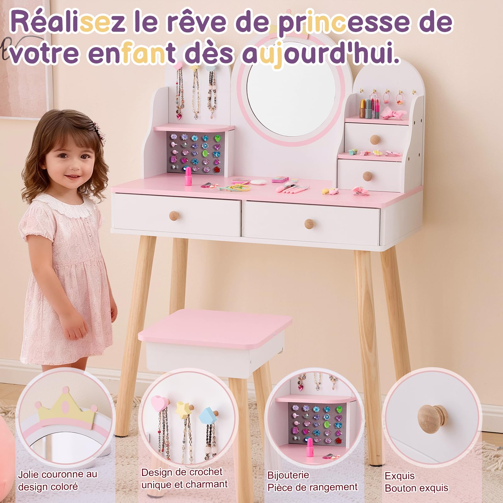 LALAHO Coiffeuse pour Enfants，Coiffeuse Fille avec Tabouret，4 Tiroirs en Bois, Crochets à Bijoux，pour Les 4-9 Ans (Blanc & Rose)