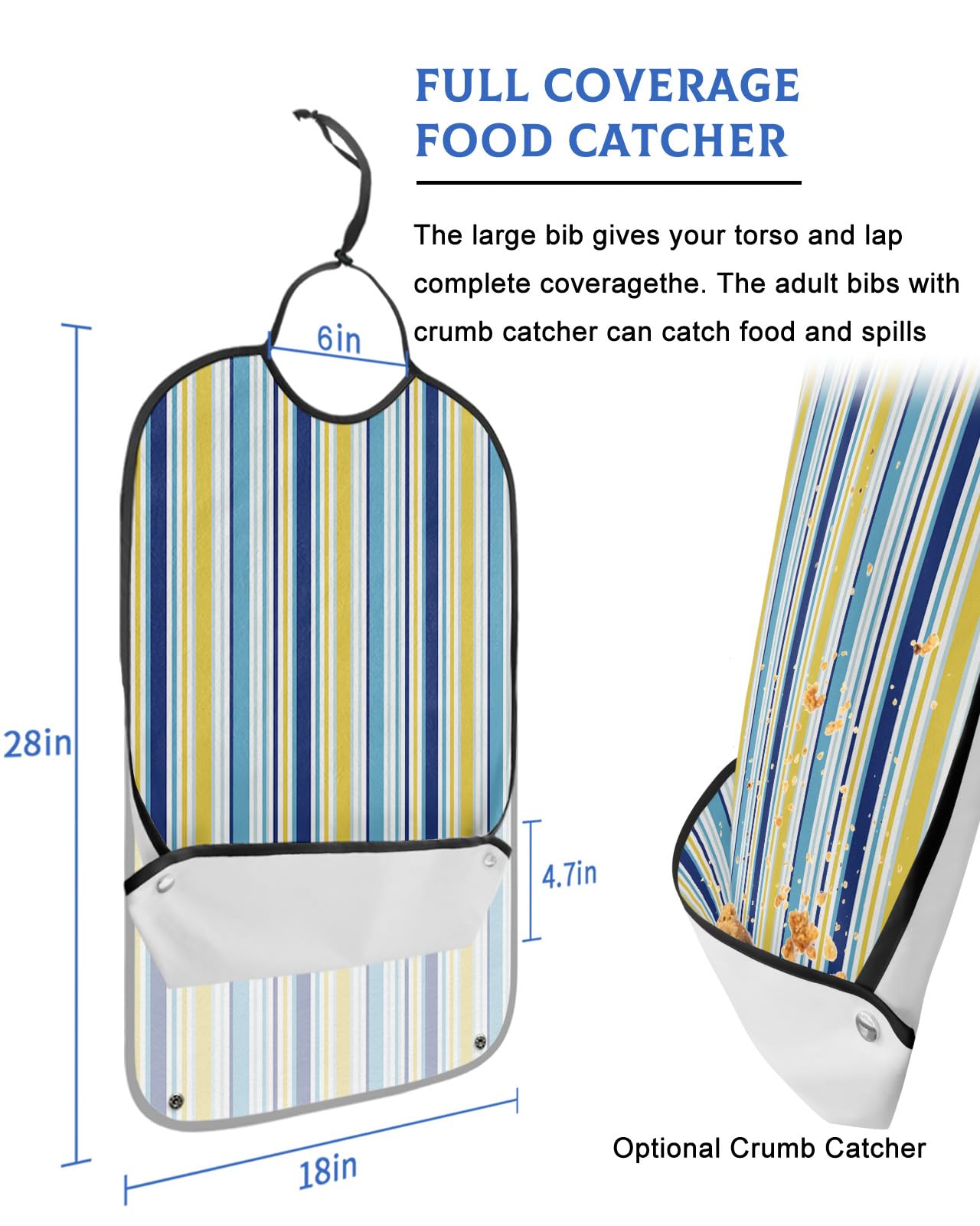 Yellow Blue Stripe Adult Bib for Eating with Crumb Catcher,Washable & Waterproof Terry Cloth Adjustable Elderly Women Men Adult Bibs Funny Apron Clothing Protector Abstract Minimalist Geometric
