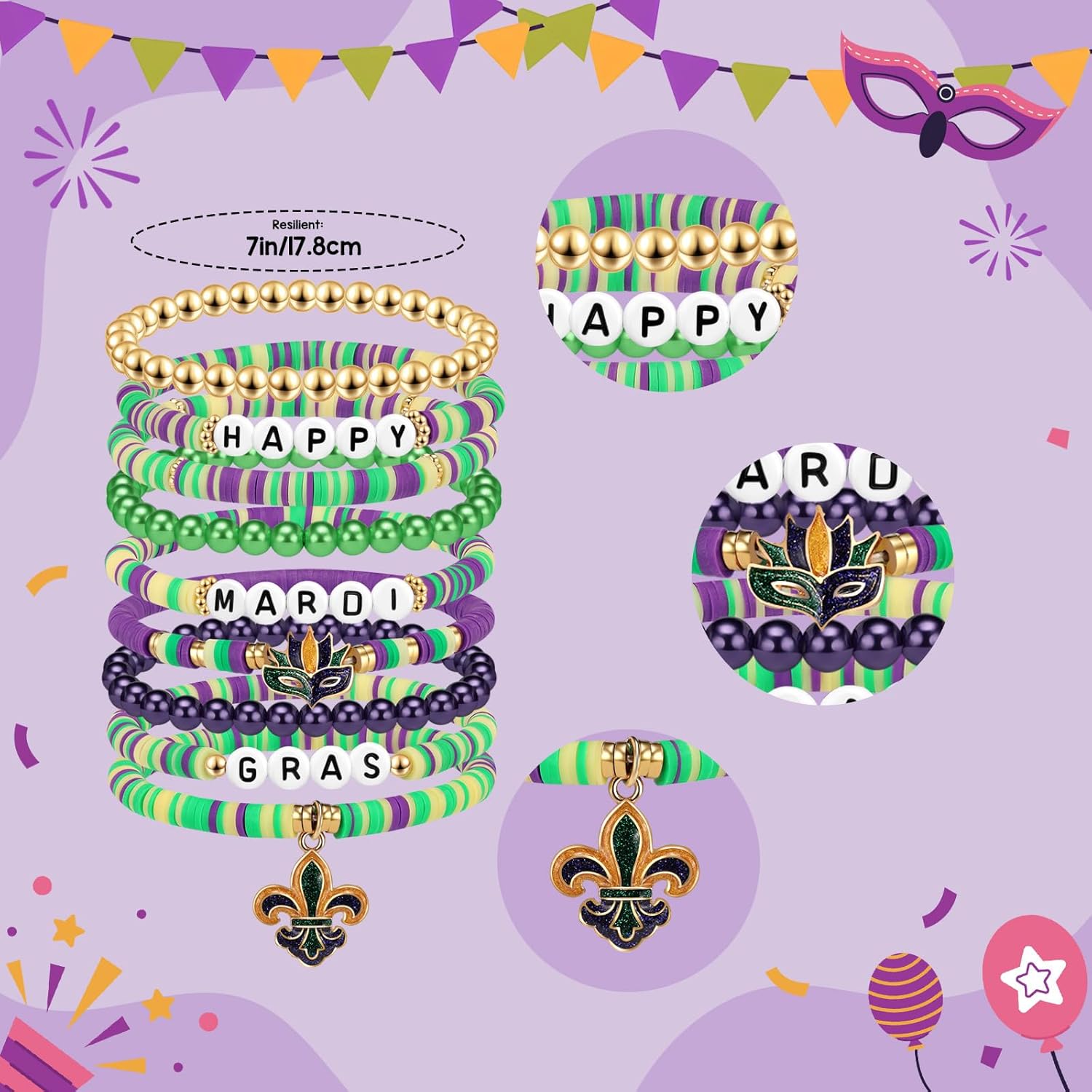 Mardi Gras Beaded Bracelet for Women Purple Green Gold Beaded Mask Fleur De Lis Dangle Charm Bracelets Carnival Holiday Accessory - Image 2