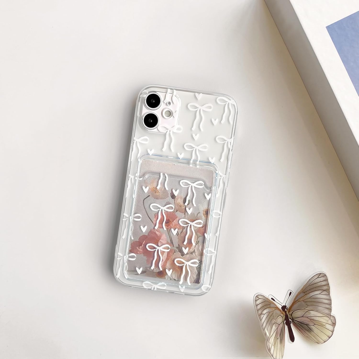 nititop compatible with iphone 11 case clear with card holder cute bowknot pattern bow ribbon little love hearts for women girls soft tpu wallet case protective cover - white white iphone 11