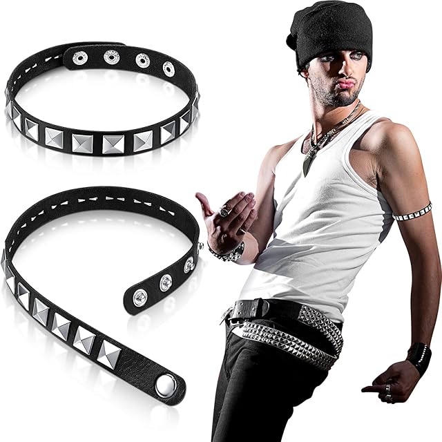Jadive Punk Studded Choker Gothic Wristband Necklace 1980s Black Leather Steampunk Bracelet Collar Neckband Halloween Costume Accessories for Women Men