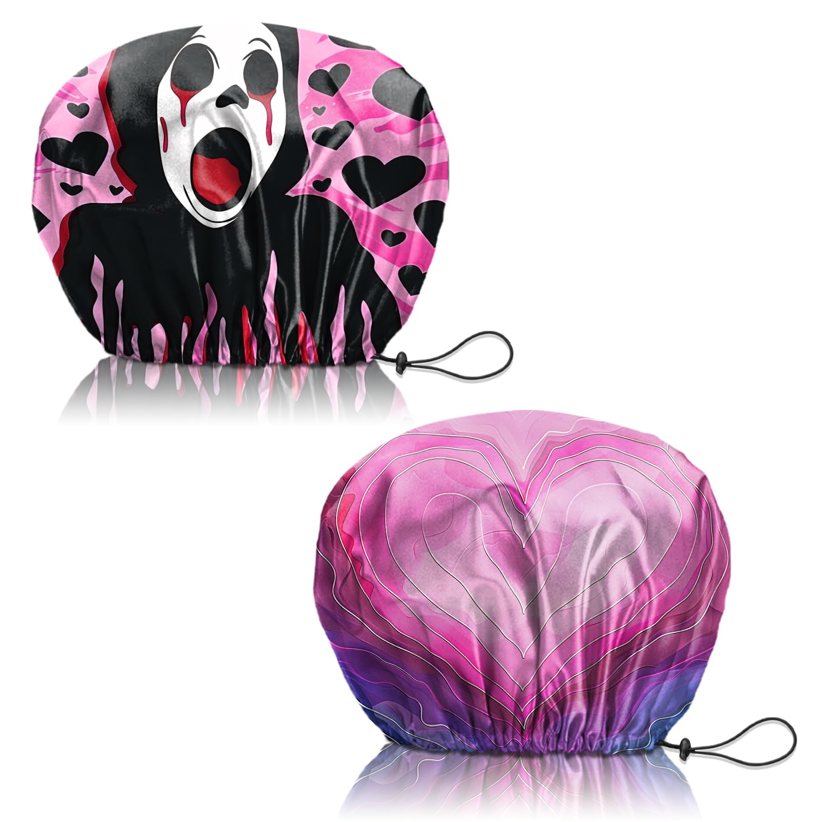 Deokke Duschhaube, 2 Stück wasserdichte Doppelschicht wiederverwendbar shower cap, verstellbar, elastisch, ästhetisch, niedlich Duschhaube für Damen (Q19-Shout Heart)