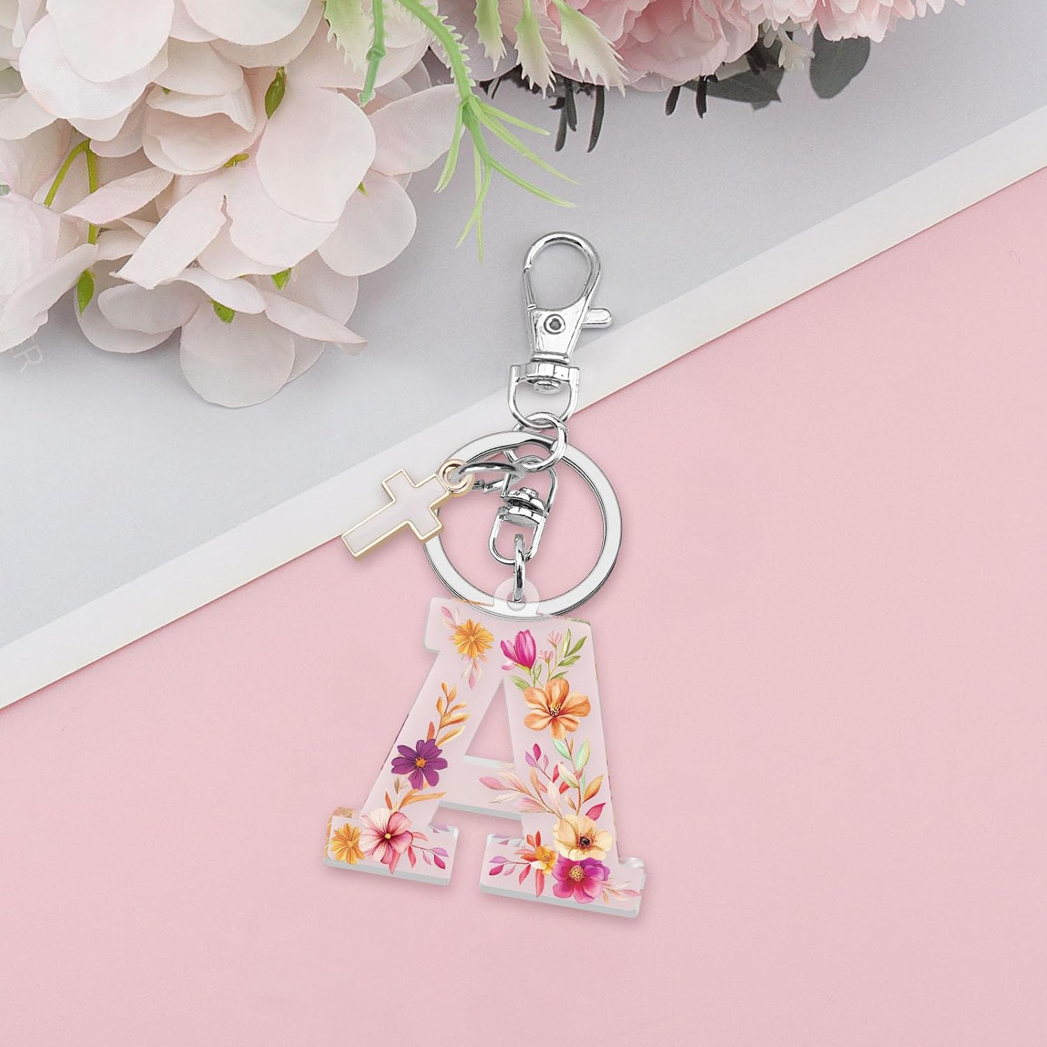 Cute Initial Keychain Christian Gifts for Women Flower Letter Key Chain Cross Keychain Pink Bag Charms for Handbags image 4