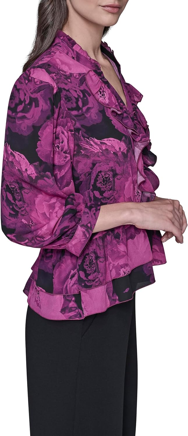 Karl Lagerfeld Womens Long Sleeve V-Neck Floral Printed Blouse - Image 3