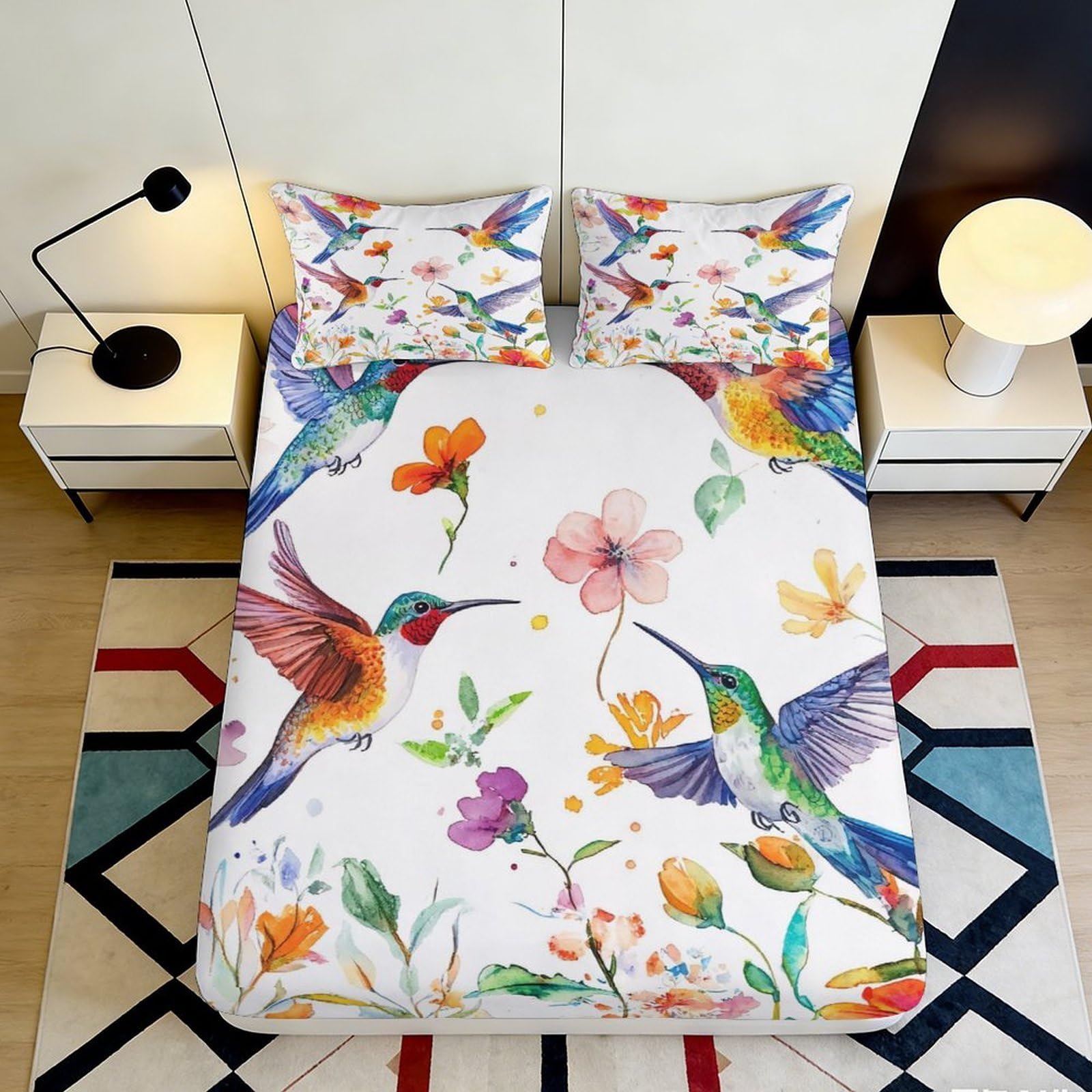 3D Printed Hummingbird Floral Fitted Sheet Microfiber Soft Breathable Bed Cover for Bedroom Guest Room Decor 90x200x25cm