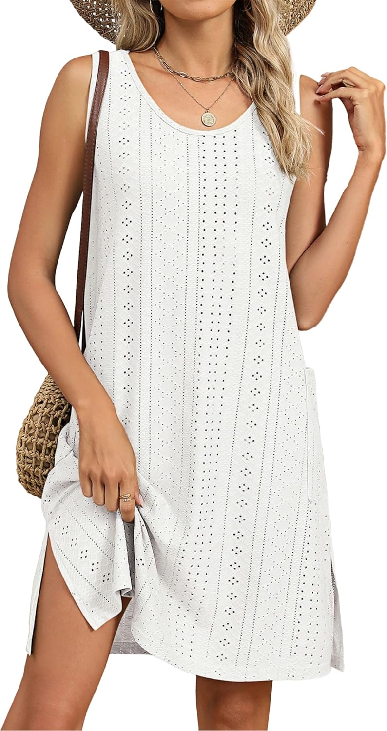 AELSON Women's Sleeveless Swimsuit Coverup 2025 Loose Beach Vacation Swimwear Cover Ups Summer Mini Dress Sundresses