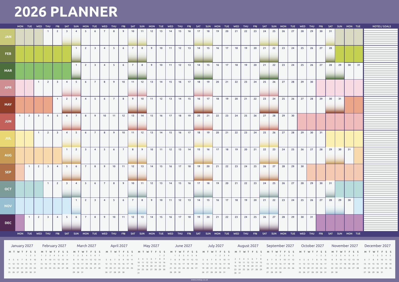 A1 Wall Planner 2026 UK - Full Year to View Calendar for Home Office School Teacher - 84cm x 59cm Large Family Yearly Wall Chart (Rainbow)