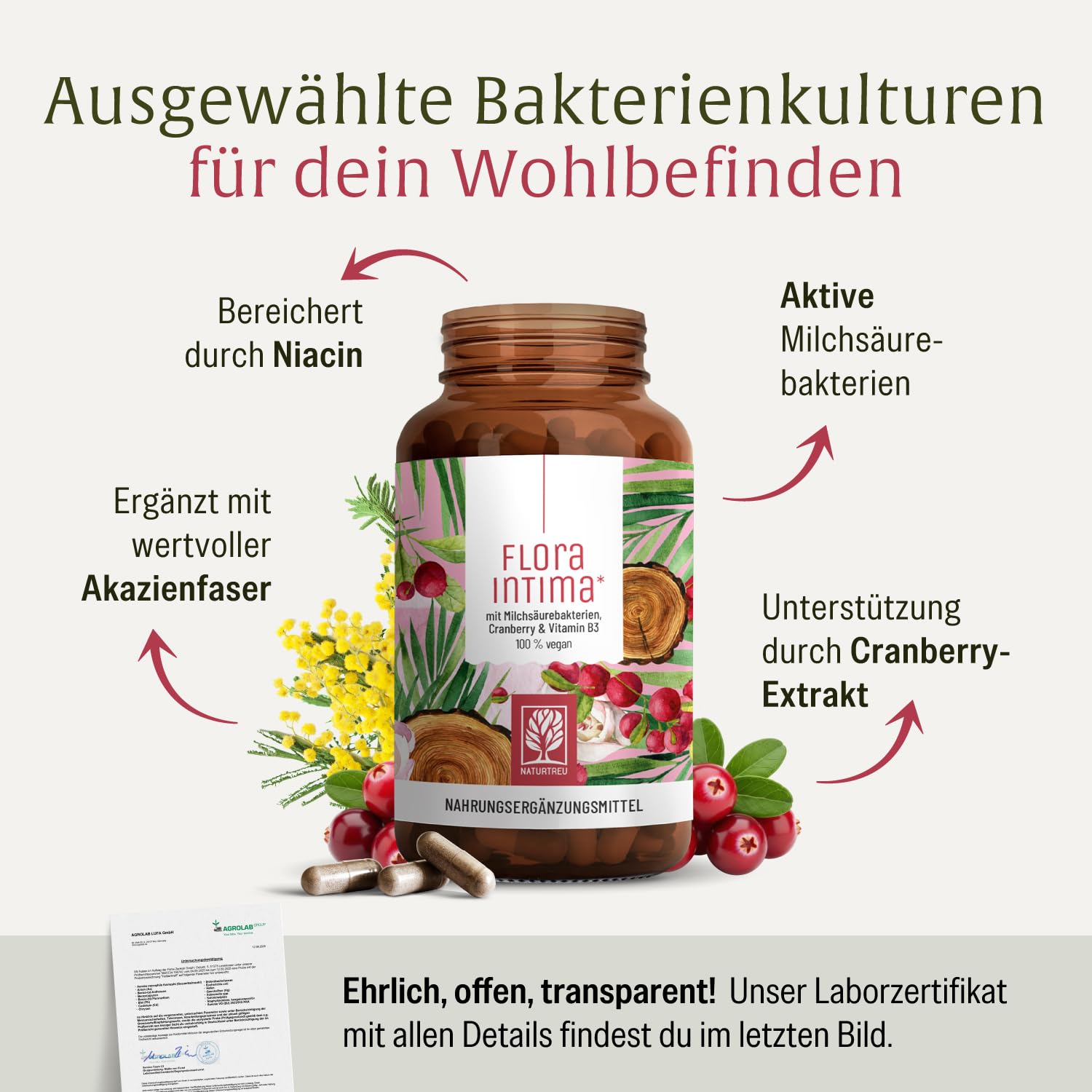 Kulturen Komplex für Frauen Intimflora * mit 100 Mrd. KbE/g - mit Milchsäurebakterien, Cranberry & B - 7 Lactobacillus Stämme Floraintima von NATURTREU®