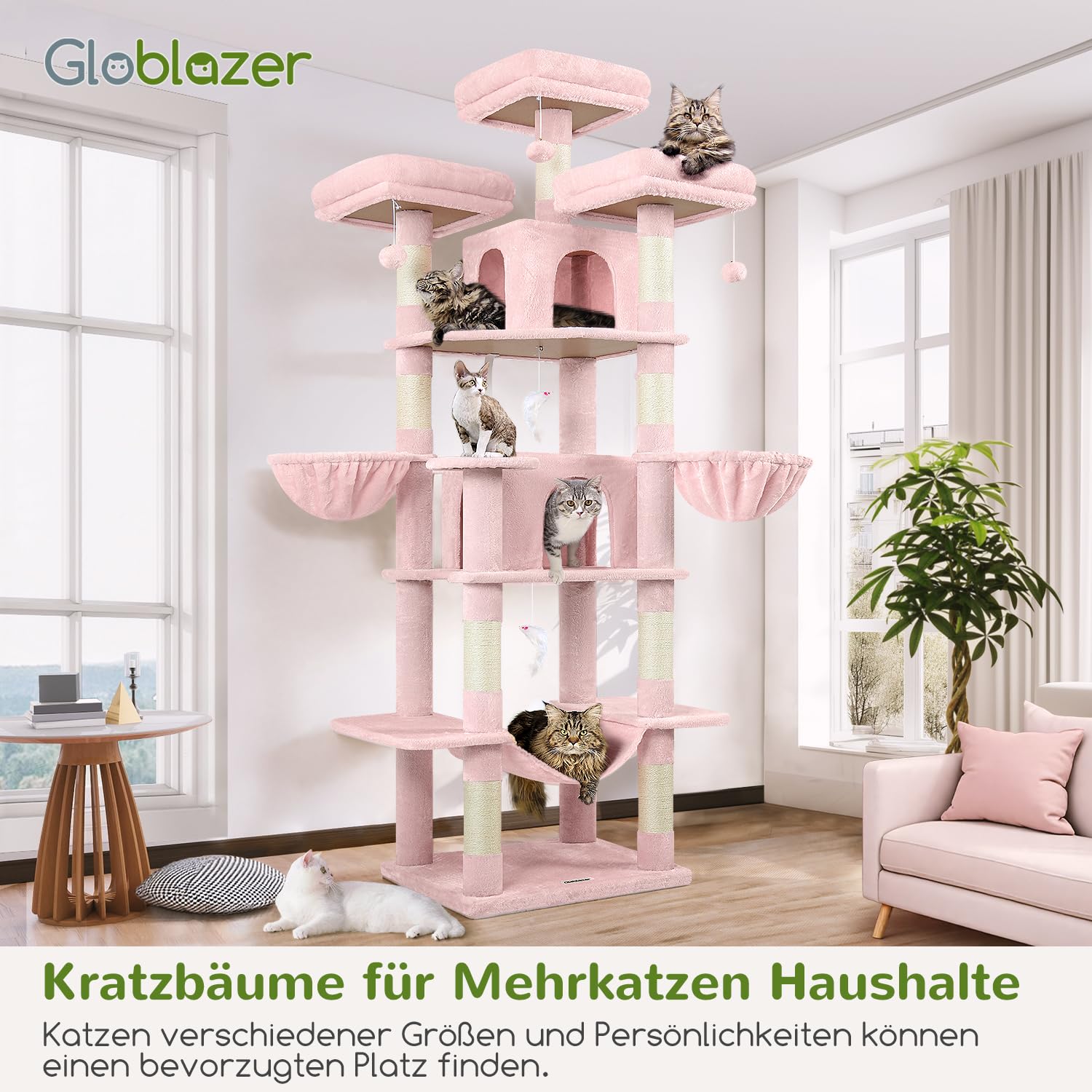 Globlazer F80 drapak różowy XXL z hamakiem 204 cm dla 2/3 kotów | Drzewko dla kota z 3 drążkami do siedzenia, domki dla kotów, łatwy montaż zamek dla kota do salonu, sypialni, studia