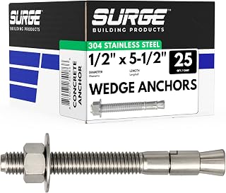 1/2" x 5-1/2" 304 Stainless Steel Wedge Anchors for Concrete - Corrosion-Resistant Heavy Duty Bolts, Box of 25