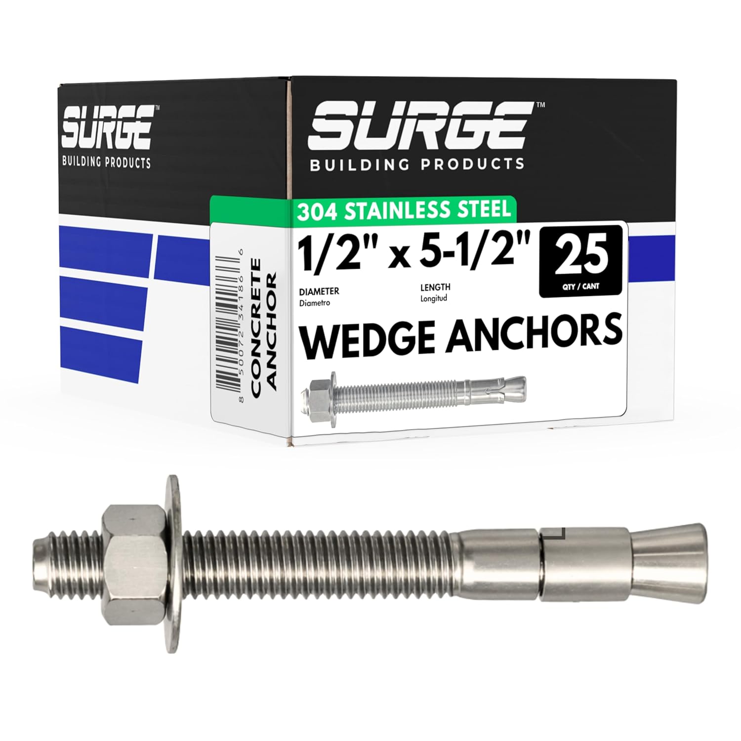 1/2" x 5-1/2" 304 Stainless Steel Wedge Anchors for Concrete - Corrosion-Resistant Heavy Duty Bolts, Box of 25
