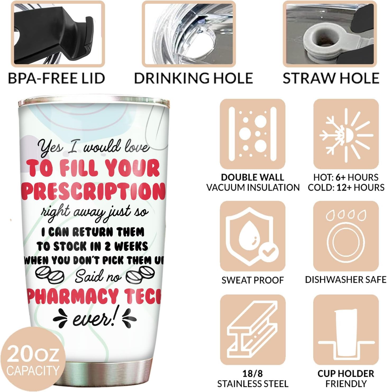 Pharmacy Tech Tumbler Stainless Steel 20oz Straw Lid, Funny Pharmacy Technician Gifts Bulk For Birthday Christmas, Pharmacy Tech Week Gifts For Women Men, Pharmacy Coffee Cup - Image 3