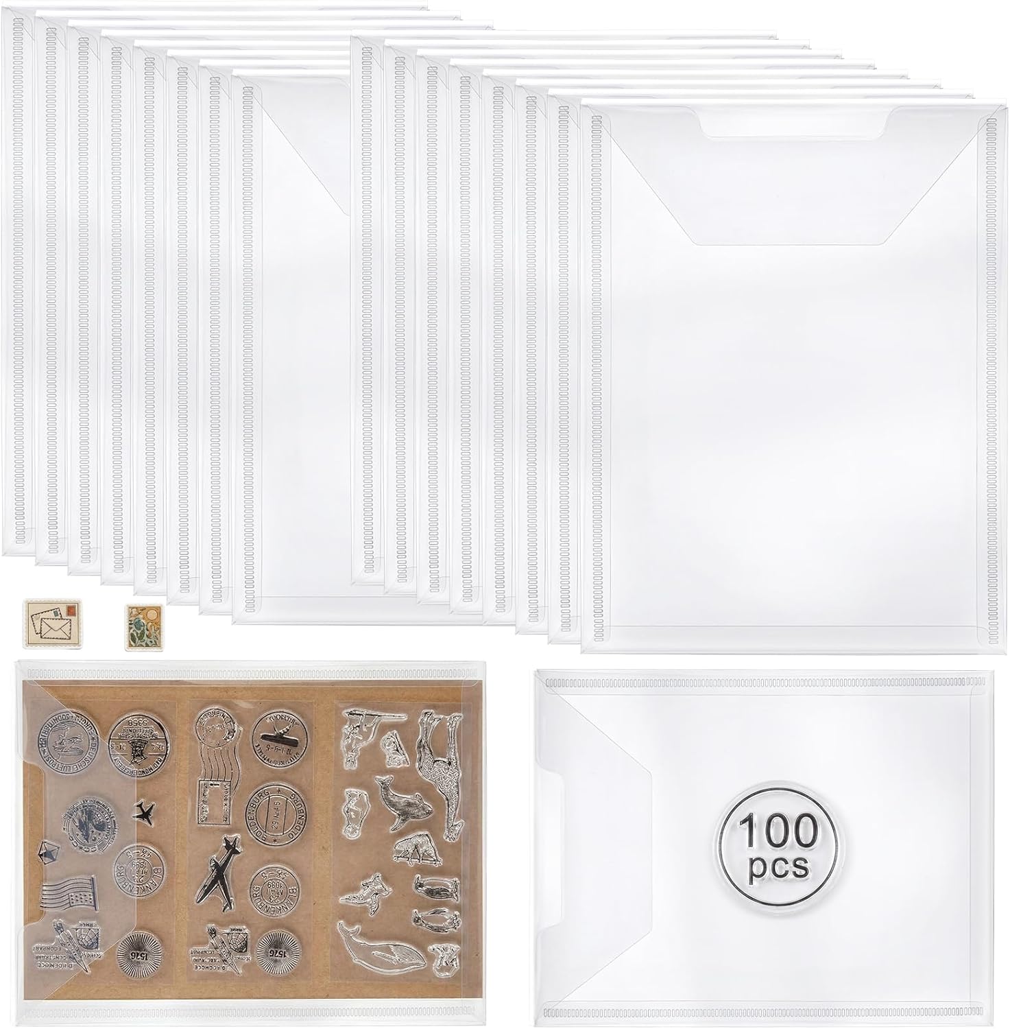 Tinlade 100 Pcs Stamp and Die Storage Pockets Clear Stamp Holder 5-5/8" x 7-3/8" Die Cut Storage Sleeves Organizer