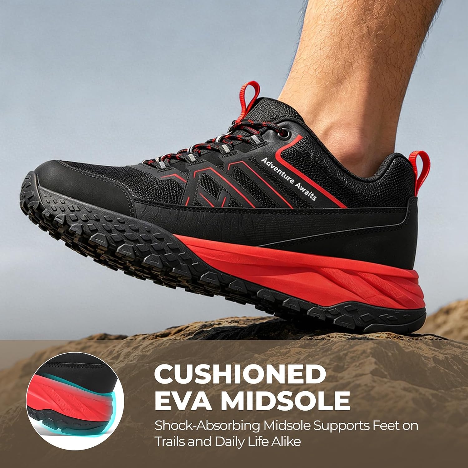 Men's Wide Width Hiking Shoes Waterproof Low Top Trail Running Shoes Orthopedic Arch Support Non Slip Lightweight Outdoor Walking Sneakers