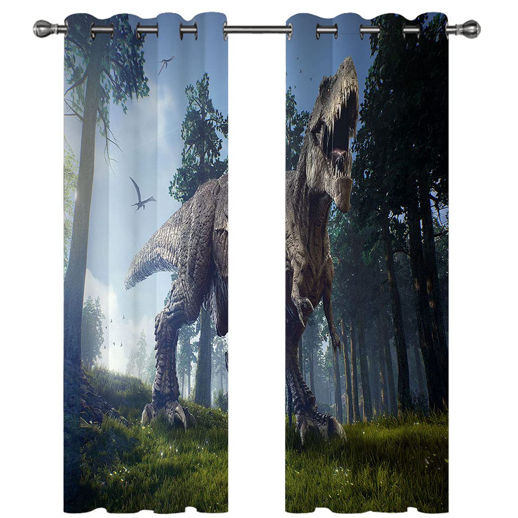 Rideaux Salon Voilage Occultant Thermiques 3D Imprimés Animaux Dinosaures Rideau Salon Design Moderne Chambre Enfant Bebe Fille 280x260Cm Polyester Fenetres Occultants Isolant Lot De 2