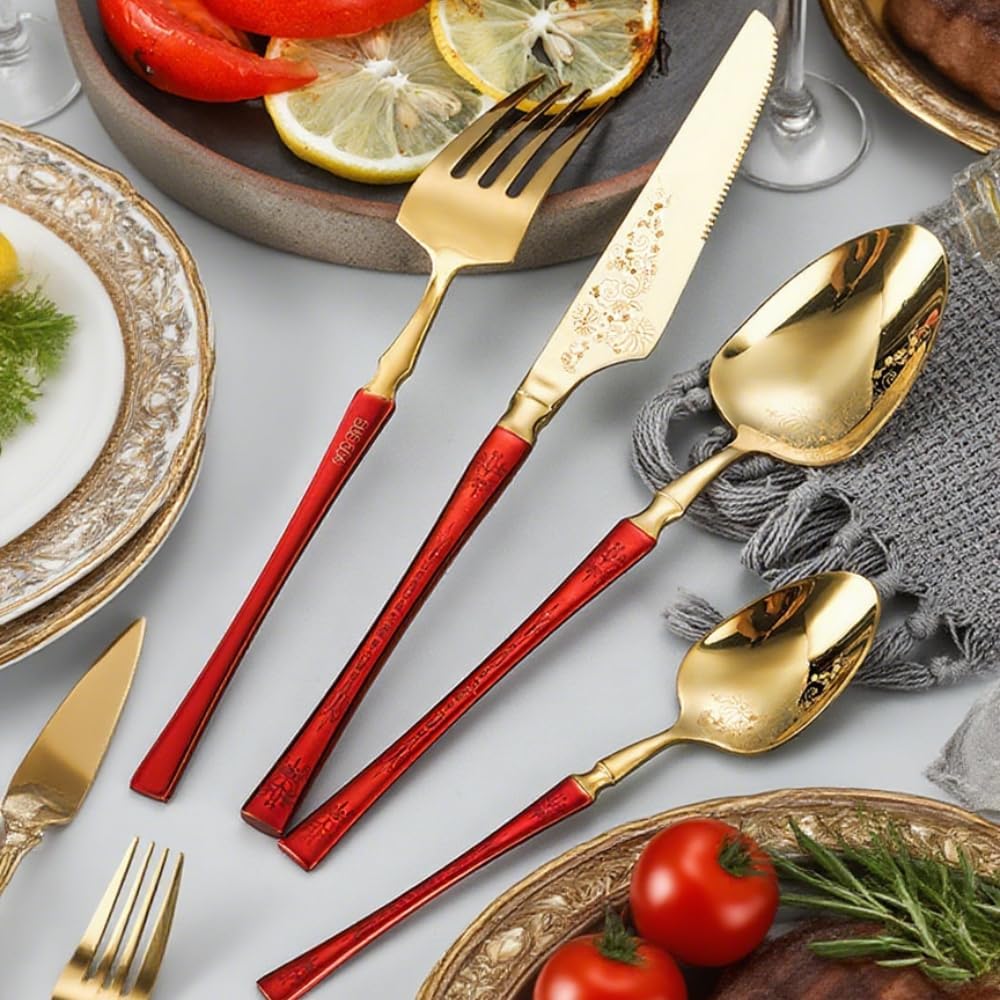 Kitchen Stainless Steel Cutlery Set Dual Tone Patterned Slim Waist Silverware Flatware Knife Fork Spoon Teaspoon for Hotel Restaurant Tableware (Gold Blue,16-piece set)