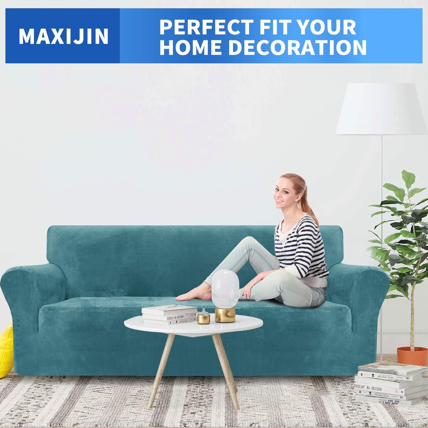 MAXIJIN Thick Velvet Sofa Covers for 3 Cushion Couch Super Stretch Non Slip Couch Cover for Dogs Cat Pet Friendly 1-Piece Elastic Furniture Protector Plush Sofa Slipcovers (Sofa, Peacock Blue)
