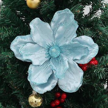 6PCS Christmas Flower Tree Ornament Glitter Artificial Magnolia Flowers Velvet Magnolia Christmas Tree Decorations for Xmas New Year Party Wedding Ornaments Blue