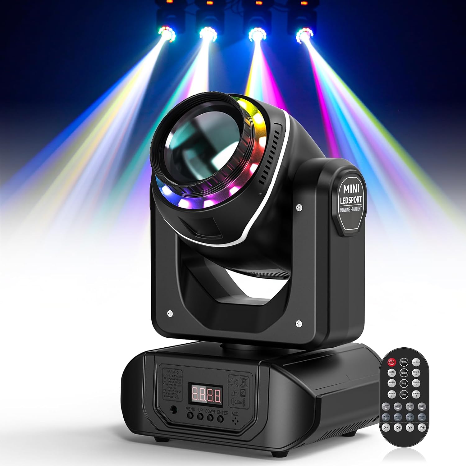 LED Moving Head DJ Light with RGBW 4-in-1 Halo,100W Stage Light with Rotating 18 Prism 10 GOBO 7 Color Beam Spotight Controlled by DMX/Sound Activated/Remote for Parties Wedding Church