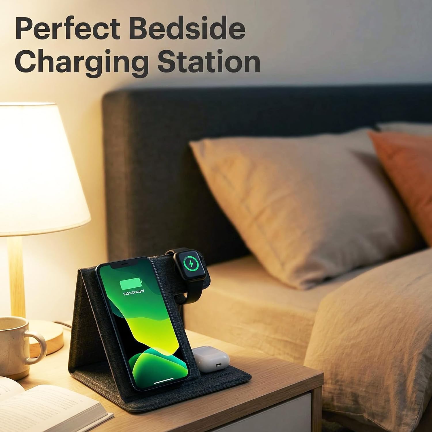 3 in 1 Wireless Charging Station, Foldable Wireless Charger Stand for iPhone 15/14/13/12, Apple Watch Series 9/8/7/6/5/4/3/SE, AirPods Pro 2/3, Fabric Portable Travel Charger Dock (Gray)