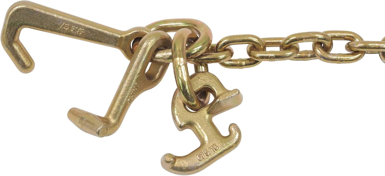 Mytee Products 5/16" Grade 70 V-Chain Bridle w/RTJ Cluster Hooks & Grab Hooks - 3' Legs Transport Tow Truck Chains for Car Towing - 4700 LBS WLL - for Flatbed Trailer Wrecker Recovery