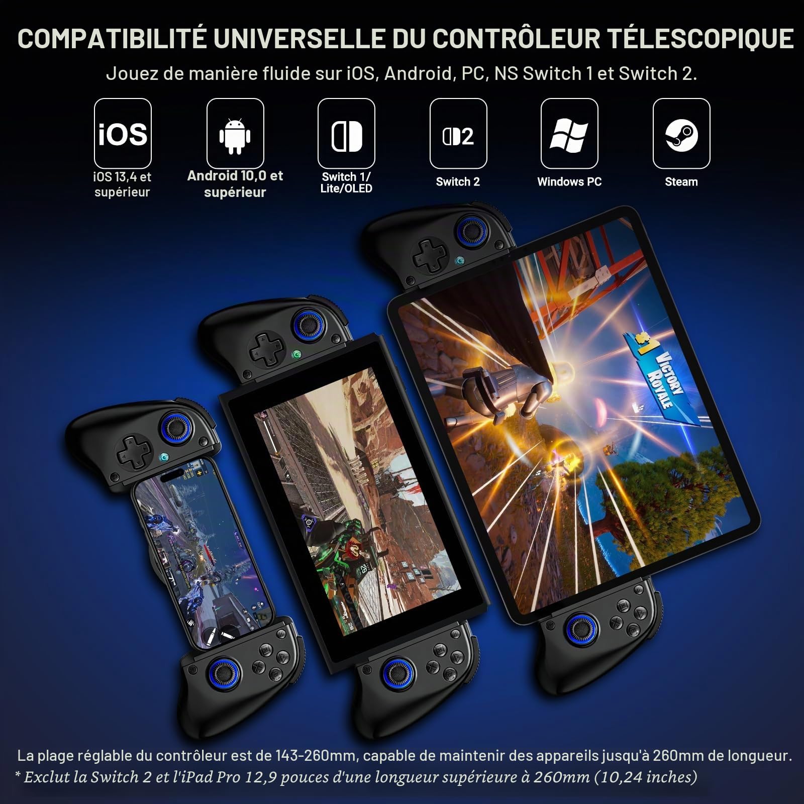 Joso Manette de jeu mobile cloud pour iPhone 16/15/14, iPad, tablette, Android/PC/Switch/manette de jeu avec fonction turbo, streaming sur PS4/Xbox/PC, effet Hall/déclencheur Hall Noir