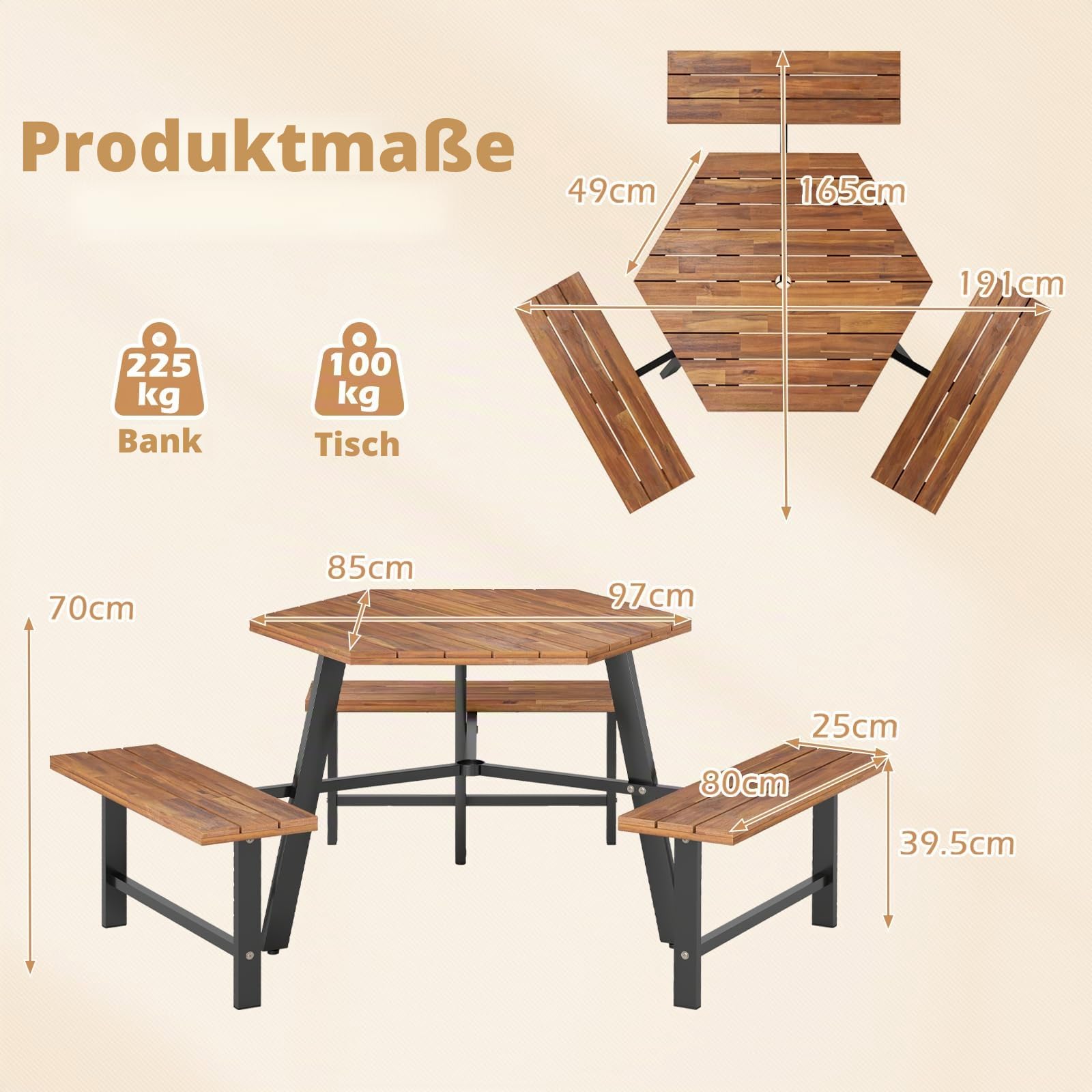 KOMFOTTEU Picknicktisch Set für 6 Personen, Sitzgruppe aus Akazienholz mit Schirmloch, Tisch und 3 Bänke Sitzgarnitur für Garten, Terrasse, 191 x 165 x 70 cm