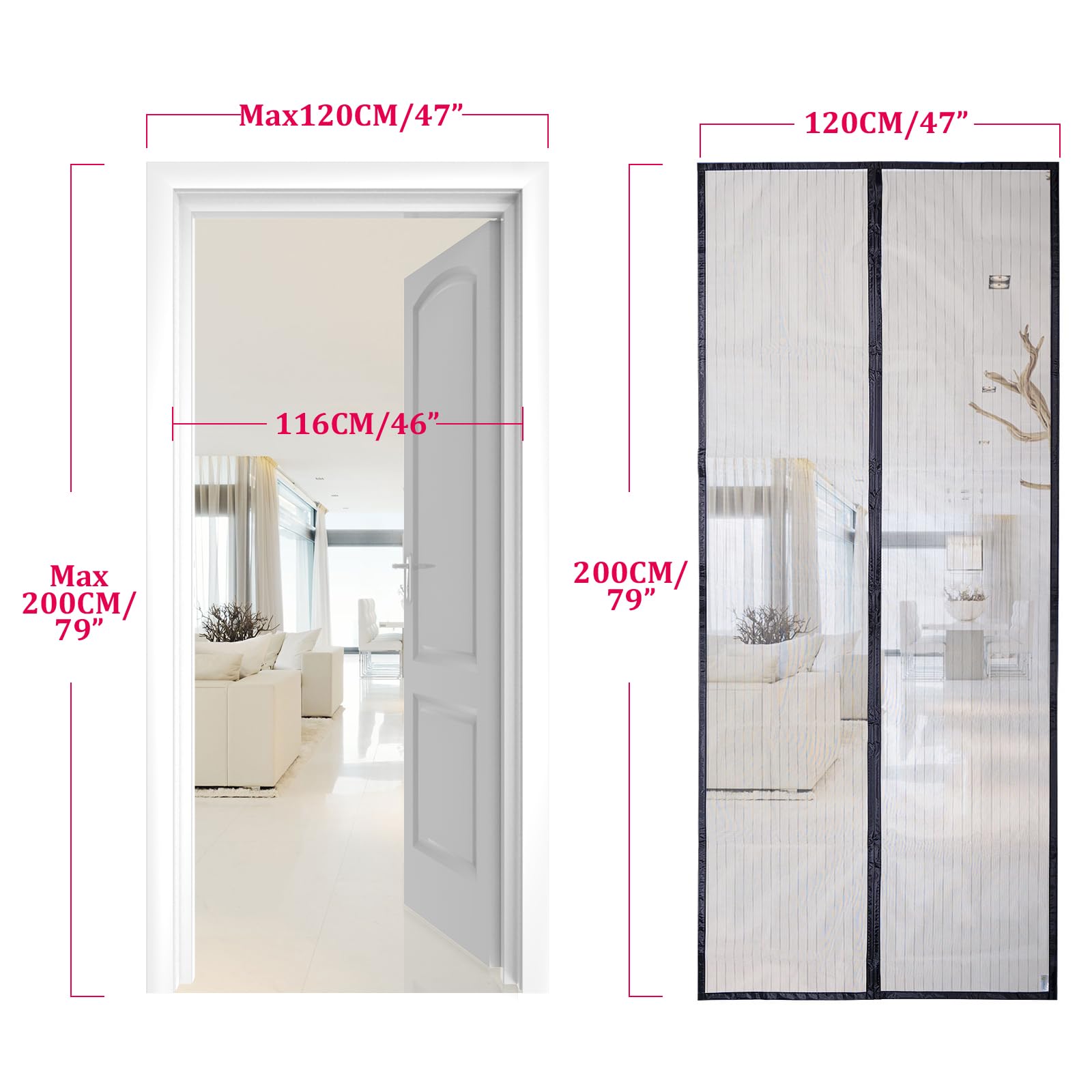 Apalus Zanzariera con Magneti per Porte, Rete Fine, Tenda Totalmente Magnetica, si Chiude da Sola - Non Accorciabile (120x200CM. Nero)