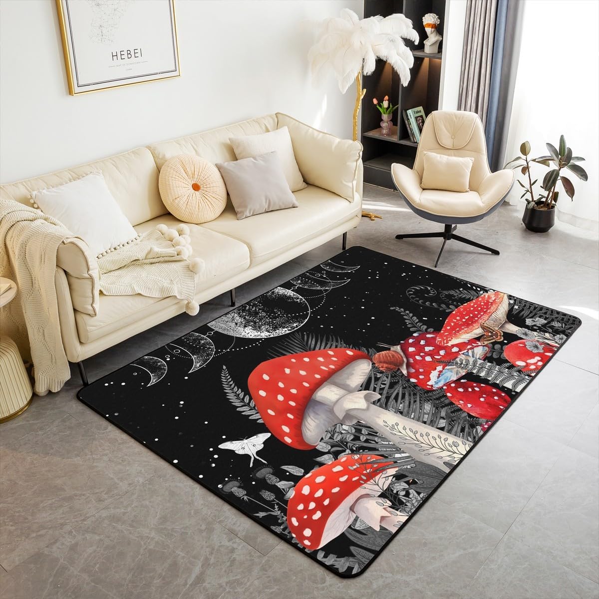 Tripppy Mushroom Area Rug 4x5 for Living Room Bedside,Starry Galaxy Rustic Indoor Floor Mat for Kids Boys Children,Sun Moon Shining Stars Carpet,Grey Leaves Plants Decorative Playroom Rug