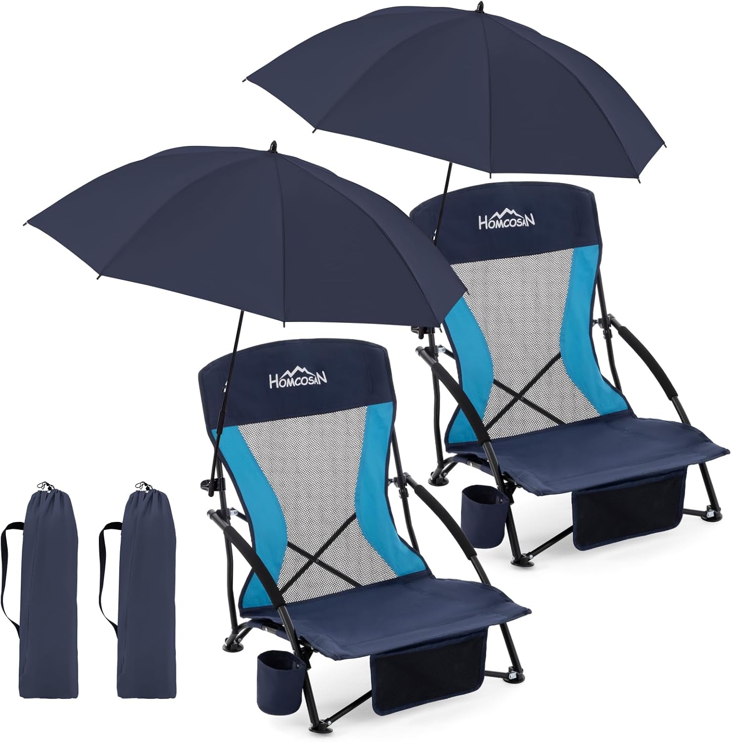 Homcosan Portable Low Folding Beach Chairs Set of 2 with Detachable Umbrellas - Lightweight Camping Chairs for Adults with Cup Holder & Storage Pockets, Carry Bag Included (Navy & Blue)