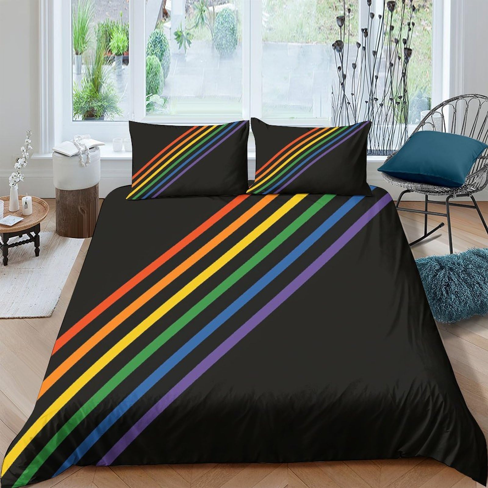 GPLZQXKJNH 3D Printed Rainbow Stripe Duvet Cover Microfiber Soft Breathable Black Multicolour Bedding Set with 2 Pillowcases for Bedroom Home Decor Single（135x200cm）