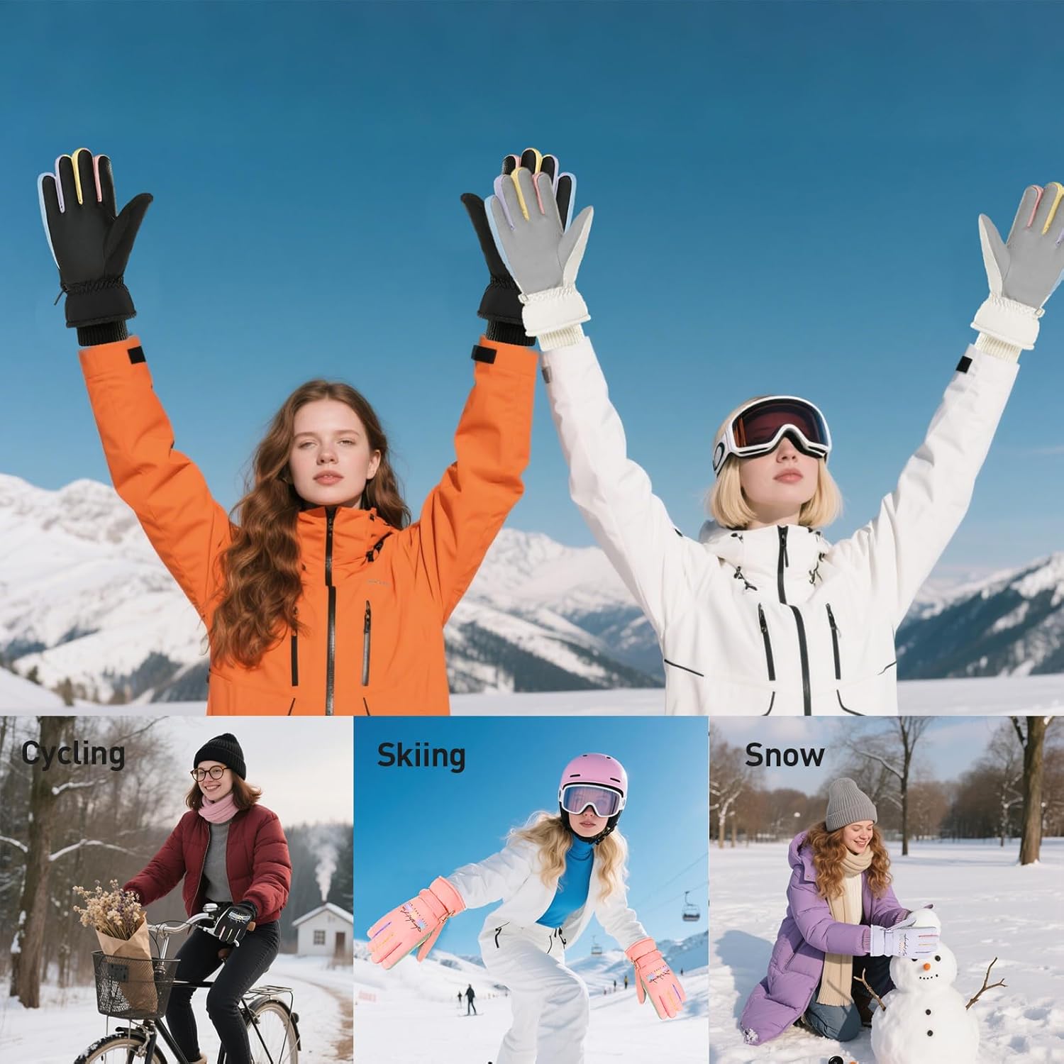 4 Pack Winter Ski Snow Gloves for Men, Women, Youth, Waterproof Winter ski Gloves for Outdoor Cold Insulation Protection (4 Colors)