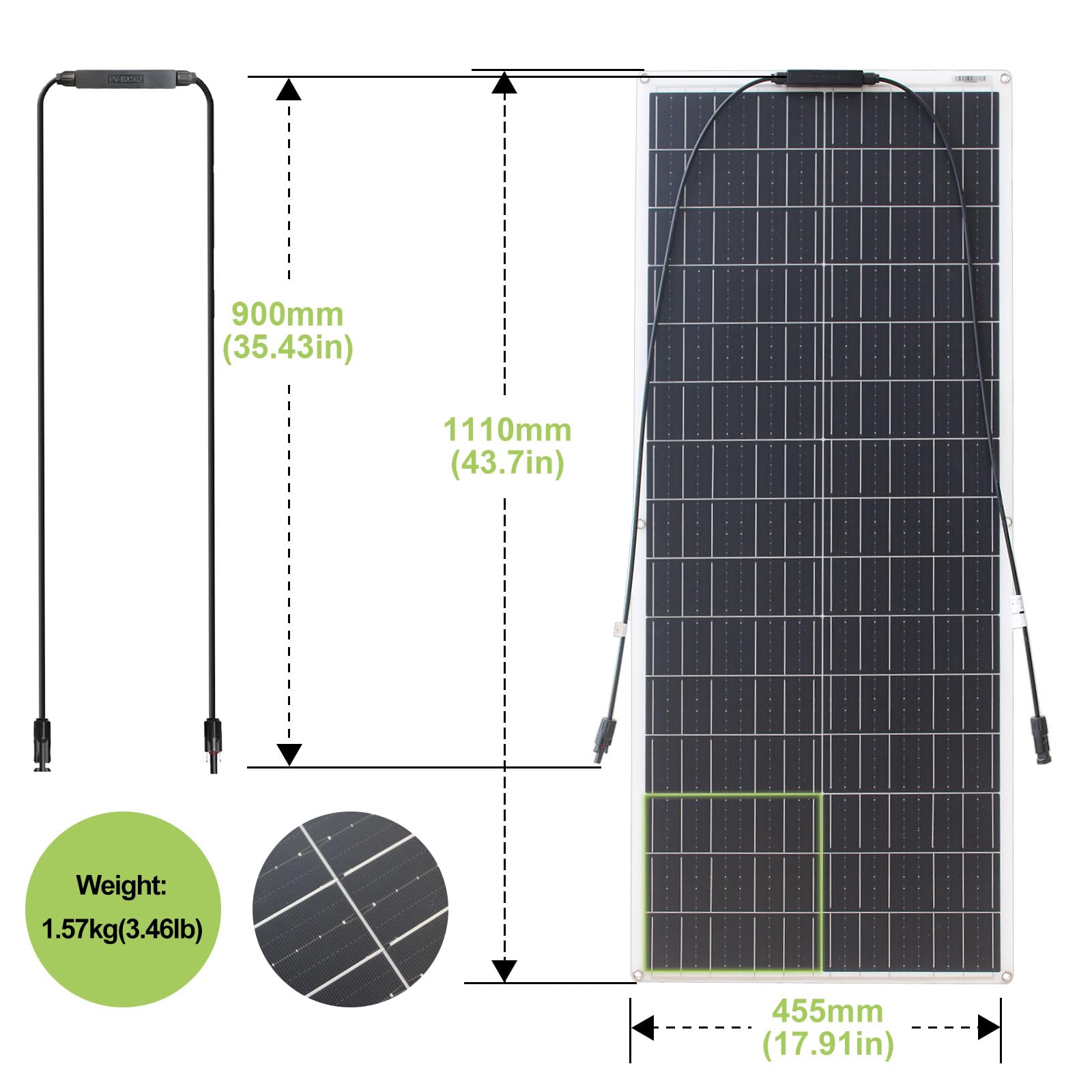 Pannello solare monocristallino flessibile da 100 W, 12 V, ultra leggero, ultra sottile, impermeabile, per camper, roulotte, barche e superfici irregolari (100 W)