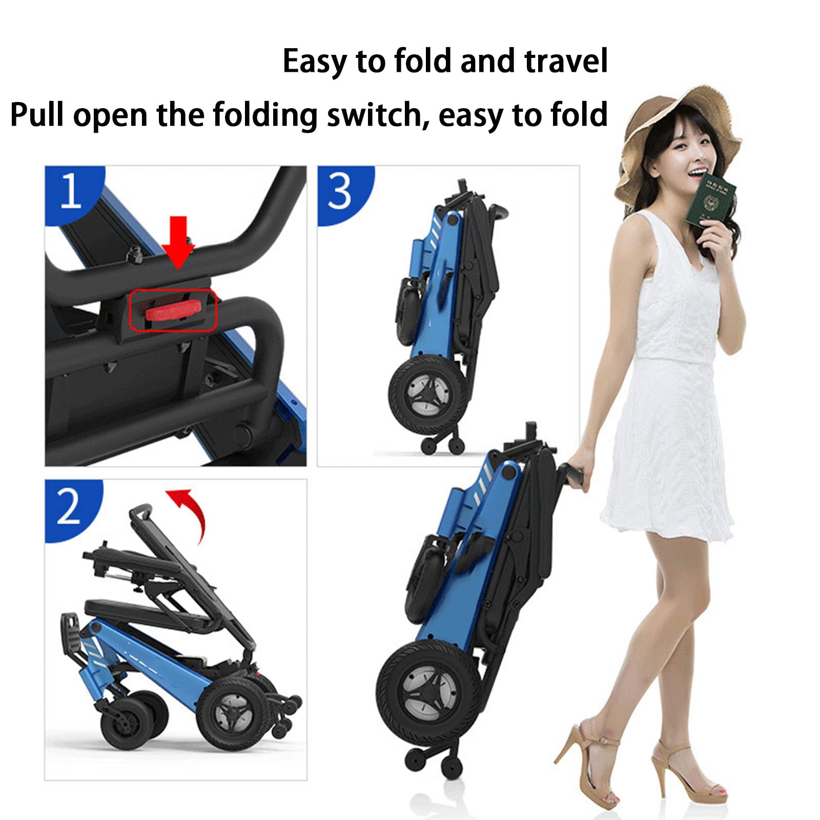 Sedia a rotelle elettrica Pieghevole Portatile per Anziani, Sedia a rotelle elettrica Multifunzionale Intelligente, Portata 100 kg, per Adulti