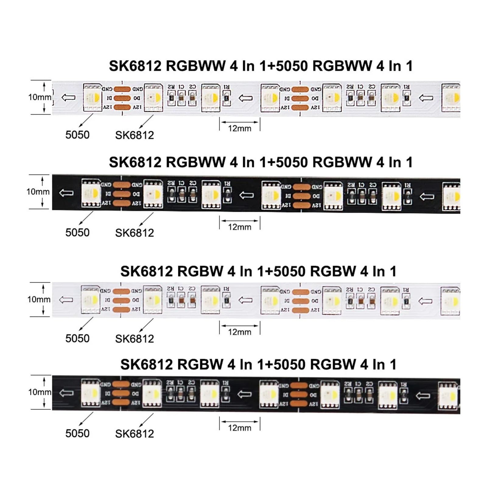 Tira de LED direccionable SK6812 RGBW RGBWW de 1-5M SMD 5050 4 en 1 60LEDs/m DC12V blanco negro PCB IP30 IP65 IP67 cinta de píxeles(White PCB,SK6812 RGB W_5M 60 IP67)